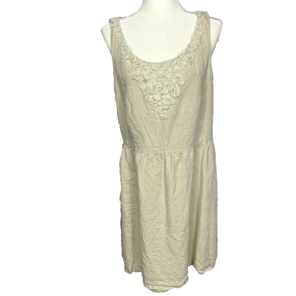 Kensie Womens Dress XL Linen Beige Lined Sleeveless Floral Applique Scoop Neck